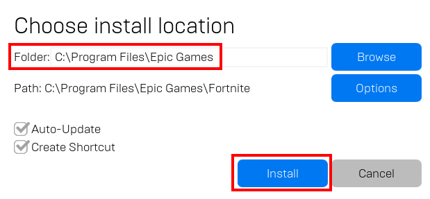 Elige la ubicación donde quieres instalar Fortnite y haz clic en Instalar.